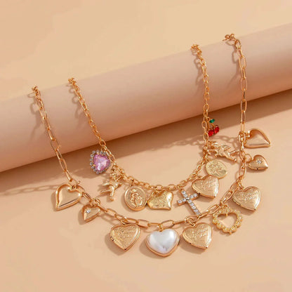Ingemark 2Pcs/Set Punk Classic Metal Chain Necklace for Women Vintage Love Heart Rhinestone Cross Pendant New Year Jewelry Gift