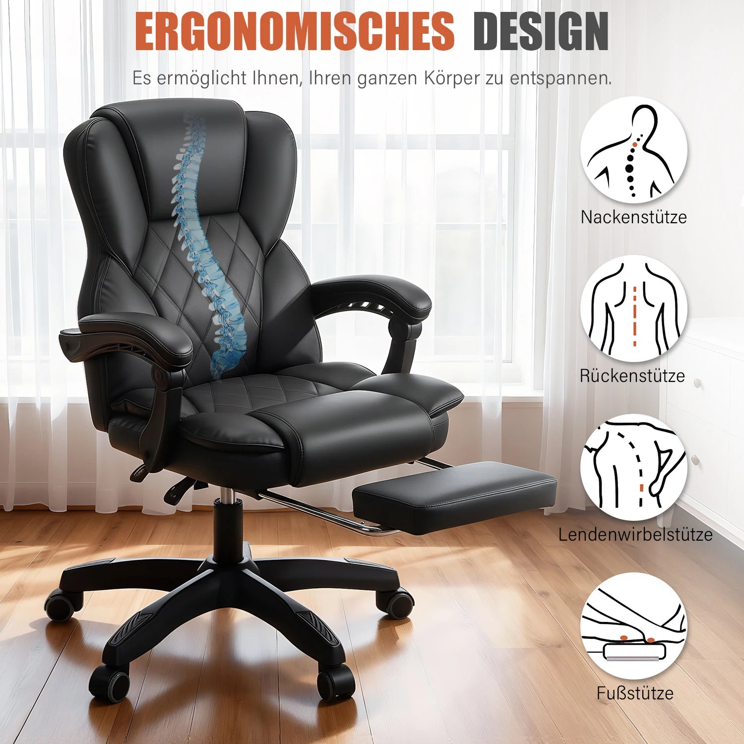 OYAJIA Office Chair, PU Leather Ergonomic Office Chair, 150kg Weight Capacity, Adjustable High-Back Computer Chair, Executive Swivel Chair with Footrest and Lumbar Support, Black/White - Kimlud
