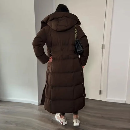 Warm Women's Puffy Quilted Hooded Long Cotton Coat Loose Solid Stand Collar Lace Up Zipper Overcoats 2025 Winter Lady Outwear