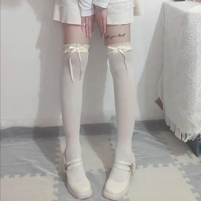 Women Lace Black White Ruffle Long Socks Women Girls Sweet Stockings JK Lolita Nylon Lace Leggings Over The Knee Bowknot Hosiery