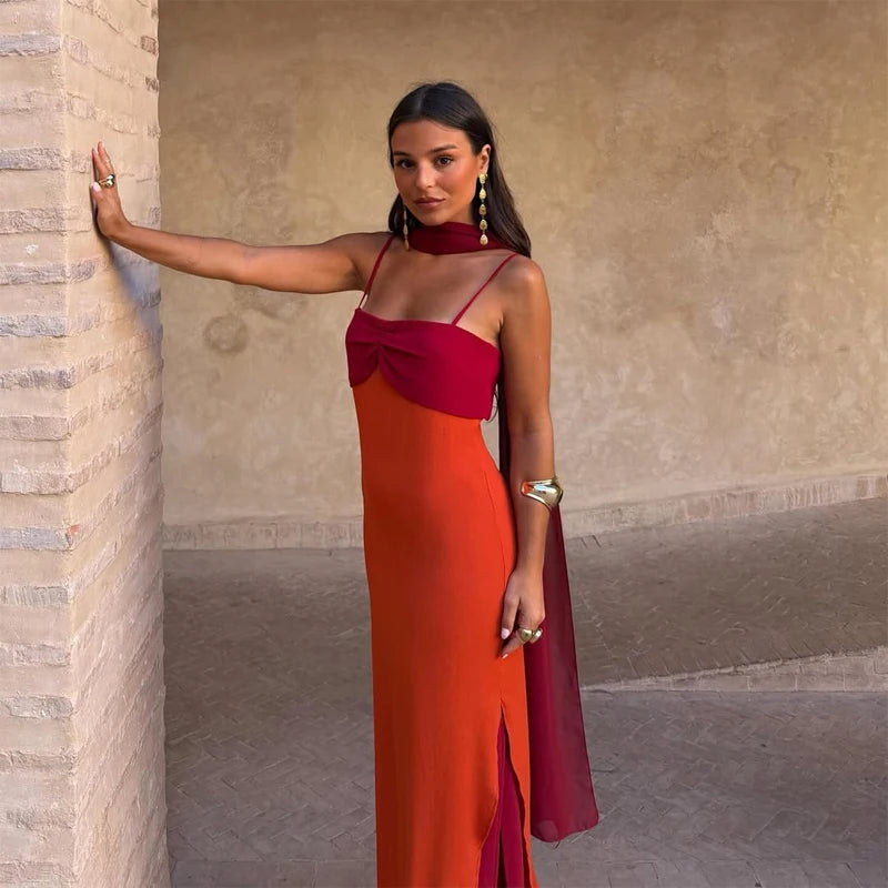 Women Color Blocking Scarf Collar Sling Dress Sexy Waist Cinching Split Bodycon Slim Fit Dresses 2026 Lady Highstreet...
