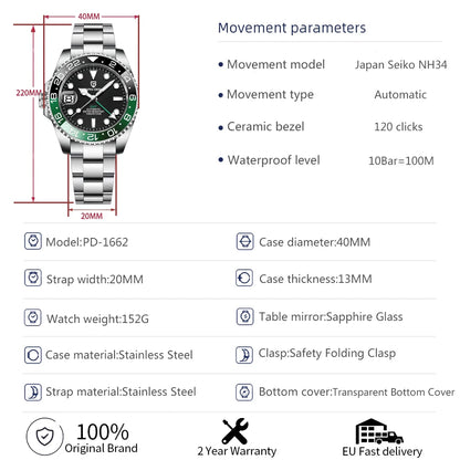 PAGANI DESIGN New NH34 Fully Automatic Mechanical Watch Men's Luxury Sapphire Glass 40MM Ceramic bezel GMT Watch 100M Waterproof