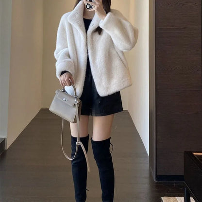 Luxury Mink Fur Loose Stand Collar Fur Coat Women Fashion Winter Outdoor Casual Office Lady All-match Cardigans Woolen Jackets