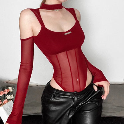 Solid Bodysuit Hollow Out Lingerie Sexy Tops Women Rave Outfit Long Sleeve One-pieces Body Feminino See Through Mesh Y2k...
