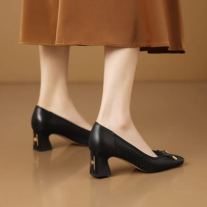 【JOCHEBED HU】New Fashion Hollow Out Women Pumps Square Toe Summer Shoes Chunky Heels Handmade Genuine Leather Shoes 33-43 - Kimlud