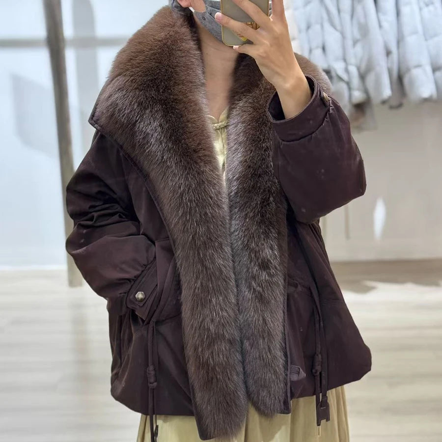 Women's Winter Down Jacket With Shawl Collar Short Real Fox Fur Puffer Jacket Genuine Fox Fur Coat Fashion Furry Jacket - Kimlud