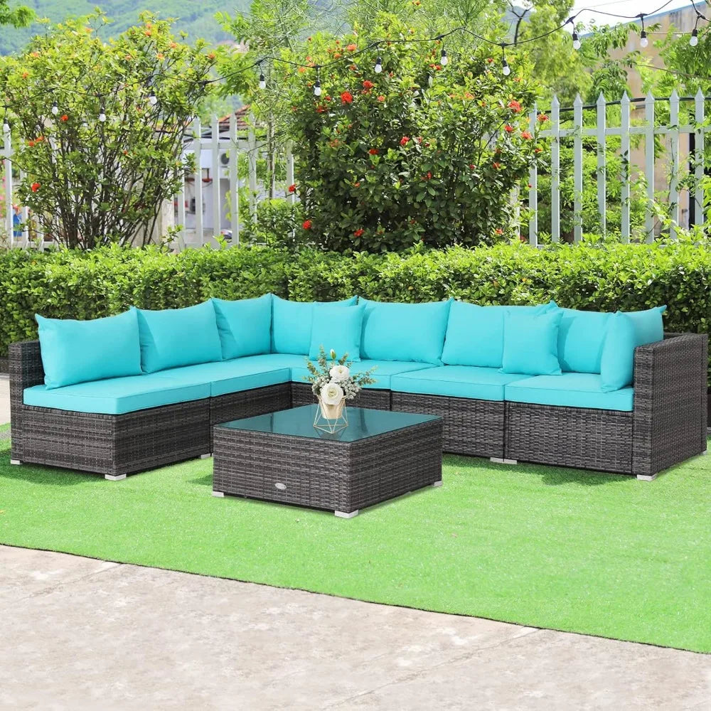 7 Pieces Patio Furniture Set, Patiojoy All-Weather Outdoor Rattan Sectional Sofa Set with Cushions and Tempered Glass Coffee Ta - Kimlud