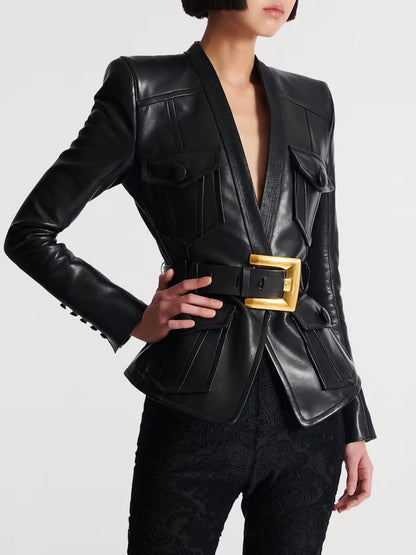 TWOTWINSTYLE Solid Slimming Spliced Pockets Temperament Jackets for Women V Neck Patchwork Button Fashion Jacket Female Clothing