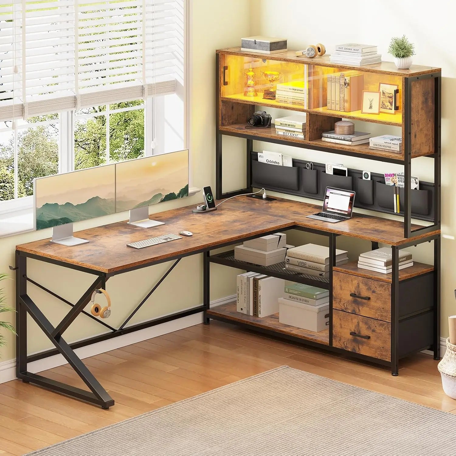 L Shaped Gaming Desk, Home Office Computer Desk with 2 Drawer and Bookshelf, L Shaped Gaming Desk with LED Light,, Customized - Kimlud
