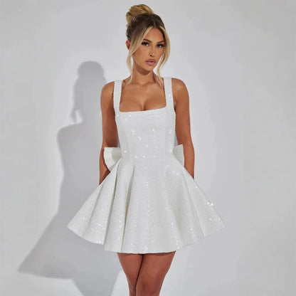 SXTHAENOO Sequins Bow Backless Sexy Mini Dress For Women Robe Fashion Square Collar Sleeveless High Waist A-line Club Dress
