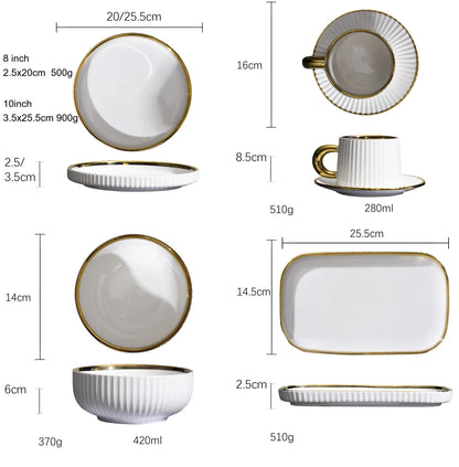 32pcs/set under glazed ceramic dinner set plate bowl cup saucer set with gold trim for 6 people | Kimlud Luxury Rug