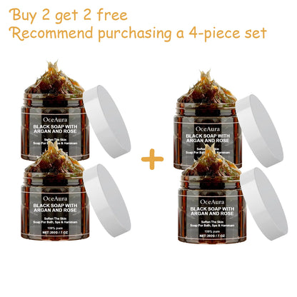 OCEAURA Black Soap With Argan And Rose lack Beldi Soap Ideal For Dead Skin Remover Body Scrub Purifying Deep Cleansing 200g/7 Oz