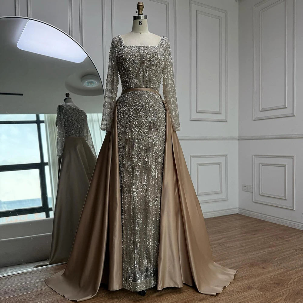 Serene Hill Customized Arabic Caramel Mermaid With Overskirt Beaded Evening Dresses Luxury Gowns For Formal Occasion...