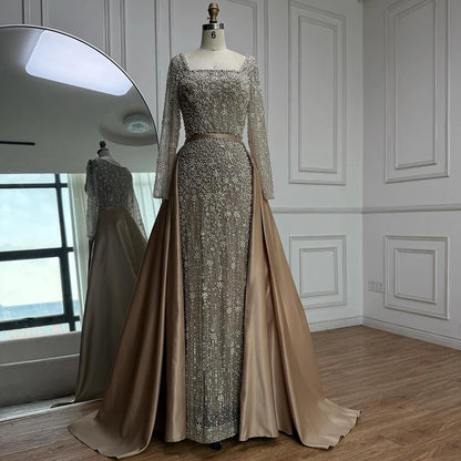 Serene Hill Customized Arabic Caramel Mermaid With Overskirt Beaded Evening Dresses Luxury Gowns For Formal Occasion...