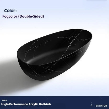 Luxury marble-patterned freestanding bathtub, oval-shaped artificial stone soaking tub, suitable for hotels and villas.