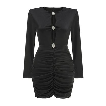 VC Chic Black Long Sleeved Ruched Mini Dress with Crystal Detailing for a Special Night Out
