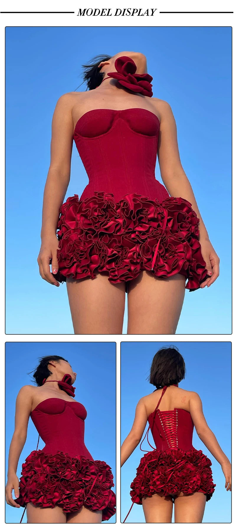 Stereoscopic Flowers Back Laceing Strapless Solid Bandage Mini Evening Dress Sweet Woman Birthday Party Patchwork Lace Up Dress