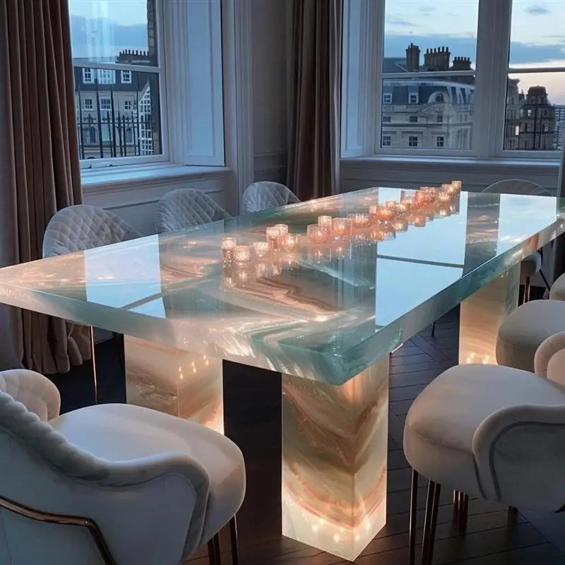Luminous jade dining table natural luxury stone rectangular pink island white jade light luxury high-end marble rice