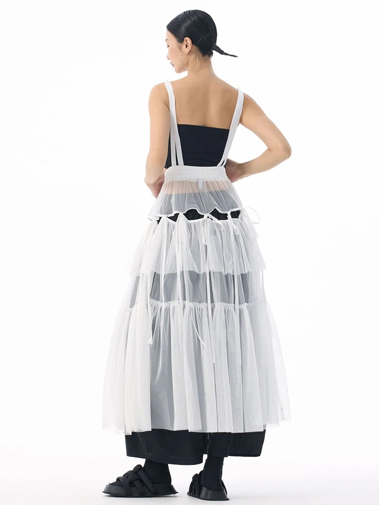 [EAM] High Elastic Waist Coffee Mesh Perspective Ribbon Strap Half-body Skirt Women Fashion Tide New Spring Autumn 2026 1DJ5044