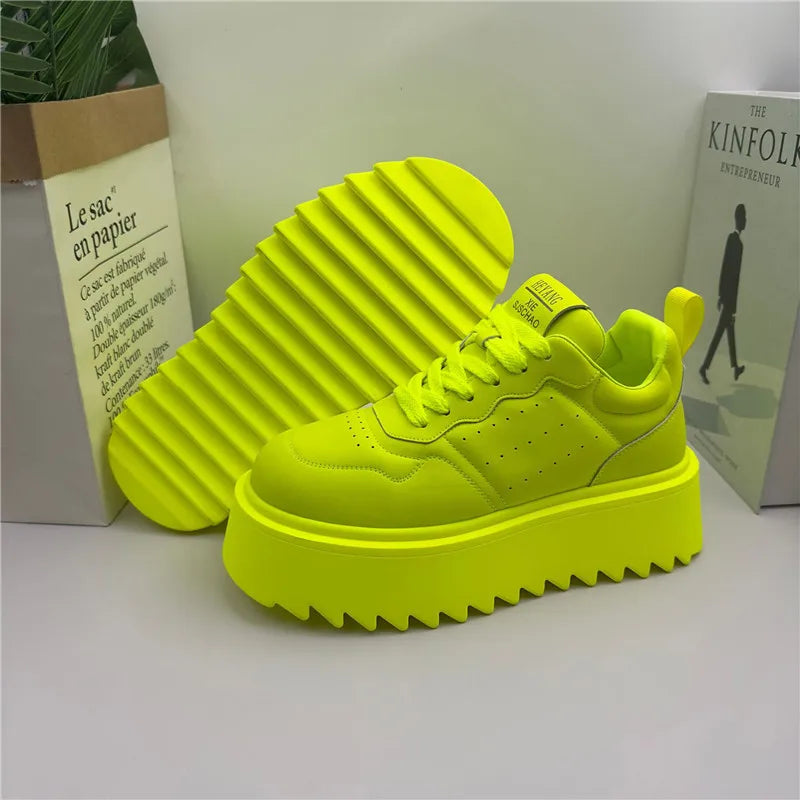 Designer Men's Fluorescent Green All Match Lace Up thick-soled Causal Shoes Male Brand Fashion Flats Moccasins Walking Sneakers