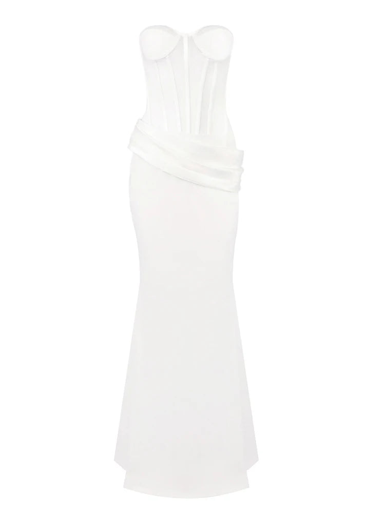 Sexy Women Two Piece Set Mesh Patchwoek Strapless Crop Top + Pleated Folds Slim Long Skirts Women's Sets Evening Party...