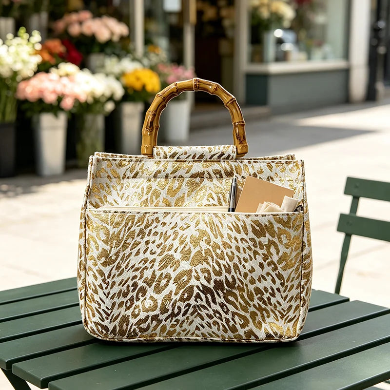 Retro gold-foil leopard print faux bamboo-handle women's tote bag, golden leopard pattern handbag | Kimlud Mid Range Bag