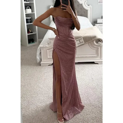 Women's S-XL size Party Fashion Suspender Dress with A Straight Neckline Sleeveless Solid Color Slim Fit Slit Casual Long Dress
