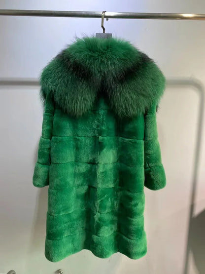 2023 New Winter Women Real Rex Rabbit Fur Coat Long Luxury Jacket with Super Large Raccoon Fur Collar Ladies Fashion Overcoat
