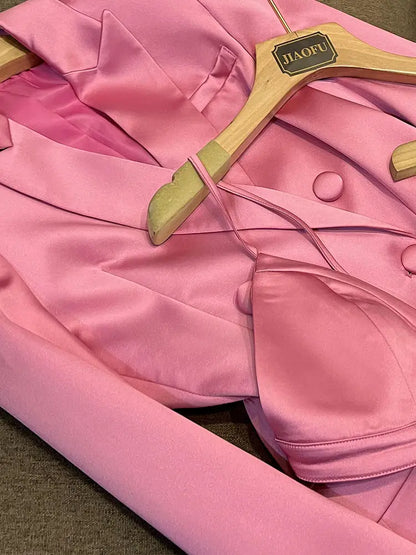 Pink Satin Slim Fit Blazer Hip-covering Skirt Fashionable Commuting Two-piece Set
