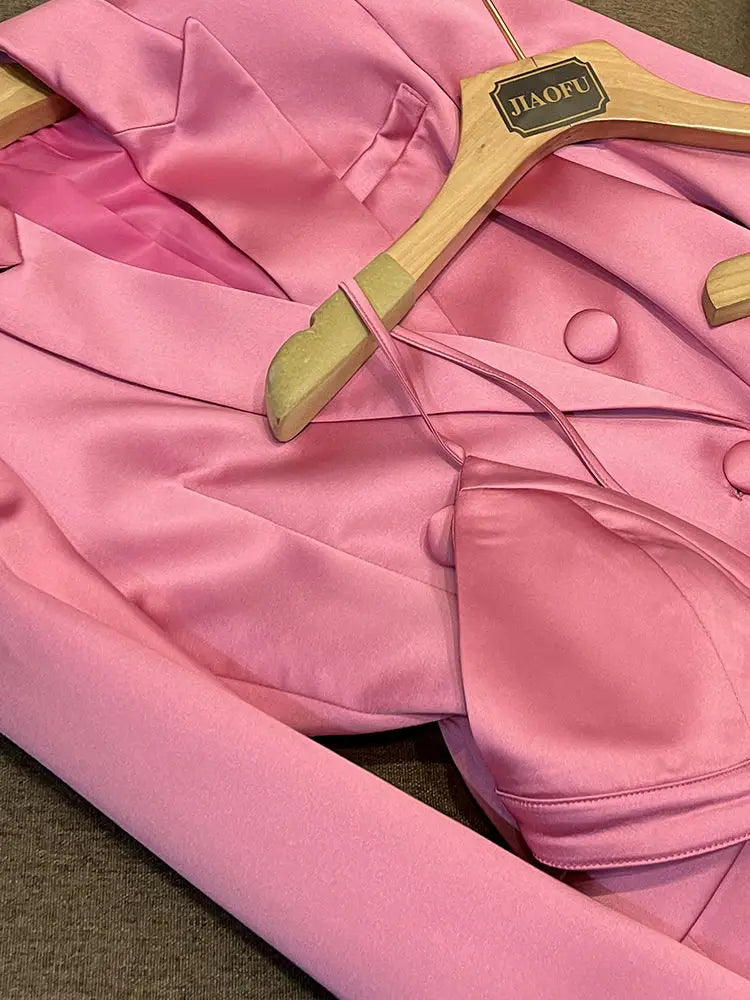 Pink Satin Slim Fit Blazer Hip-covering Skirt Fashionable Commuting Two-piece Set