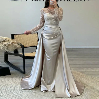 Women's Luxurious Sequins Evening Dress Round Neck Ruched Tiered Bodycon Maxi Dress For Female Prom Wedding Host Elegant Dresses