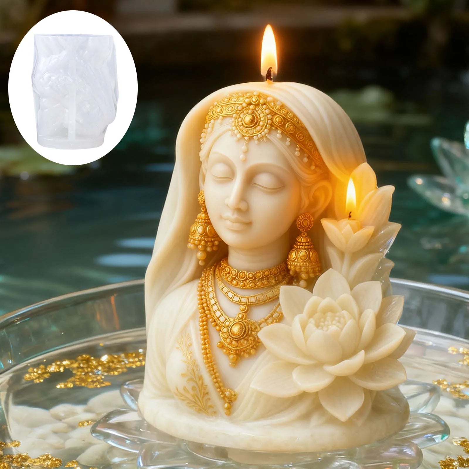Lotus Goddess 3D Silicone Candle Mold: Flexible, non-stick, easy to demold, reusable, and with clear details.