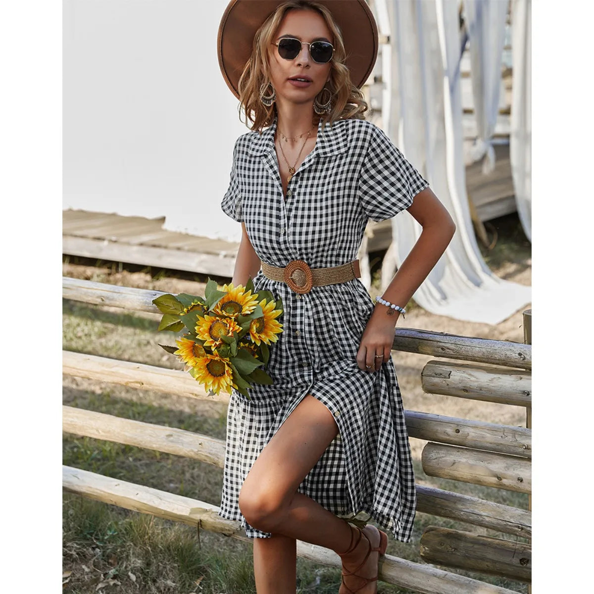 2026 Women's Checkered Short-Sleeve Shirtdress Single-breasted Button-down Short-sleeved Dress Casual Country-style Long...