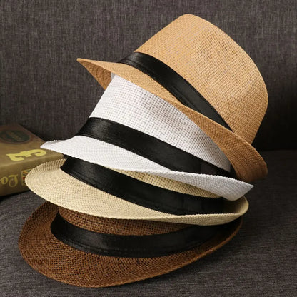 Unisex Fashion Beach Sun Cap Summer Wide Brim Straw Panama Cap Casual Jazz Dress Hat Cowboy Fedora Hat Gangster Cap