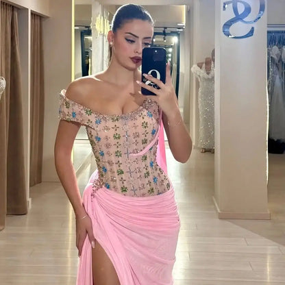 Ofherown Elegant Pink One-Shoulder Evening Dresses Beaded Floral High Slit Draped Prom Gowns Vestidos De Festa Customized