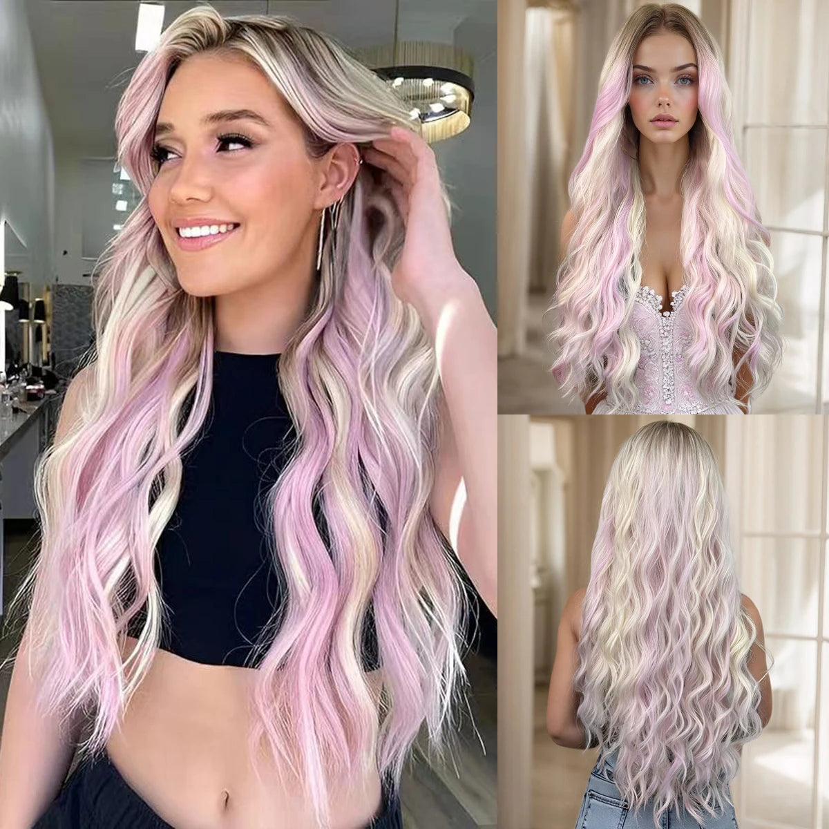 28 Inch Synthetic Women's Wig Light Brown with Highlights Long Wavy Hair Everyday Pretty Party Outfit