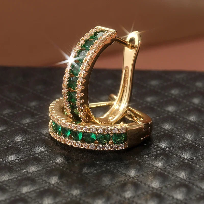 Luxurious Sparking Inlaid Green Synthetic Zirconia Hoop Earrings Women's Fashion Vintage Banquet Perfect Jewelry...