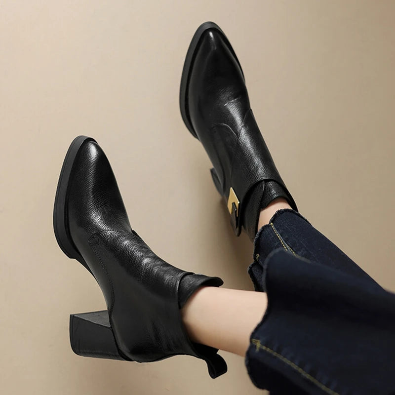 NEW Autumn/Winter Women Boots Genuine Leather Shoes for Women Pointed Toe Chunky Heel Shoe High Heel Modern Boots Platform Shoes