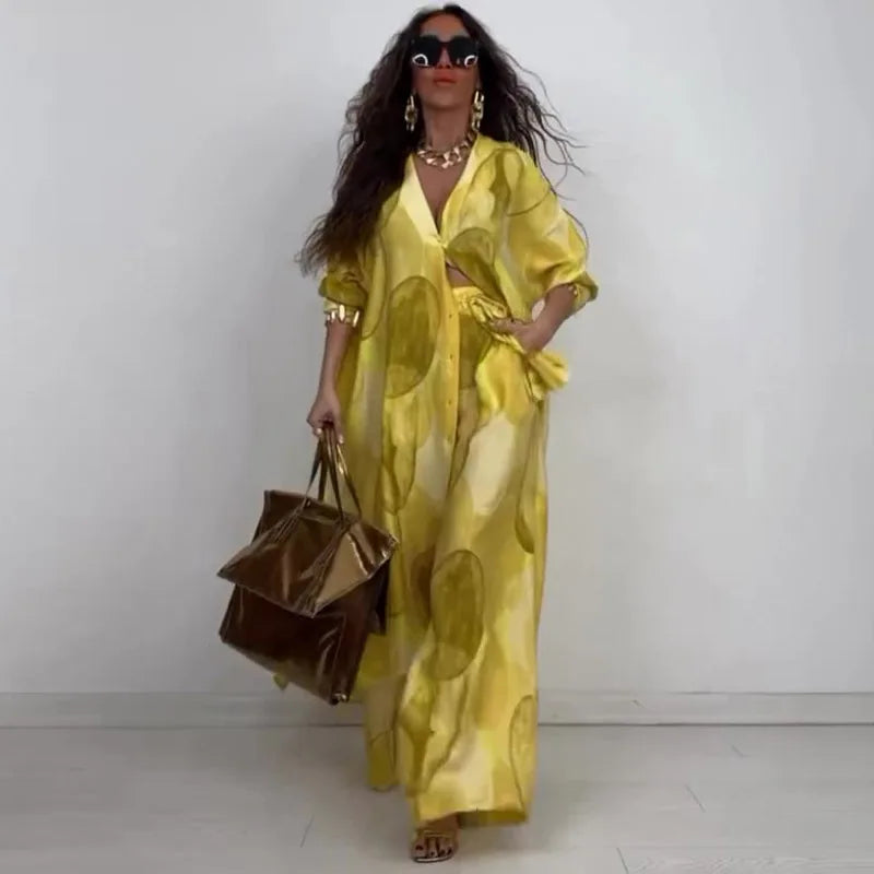Women Two Pieces Pant Sets Print Cardigan Long Shirts Loose V Neck Button Shirt Spliced Casual Wide Leg Pants Suits Lady