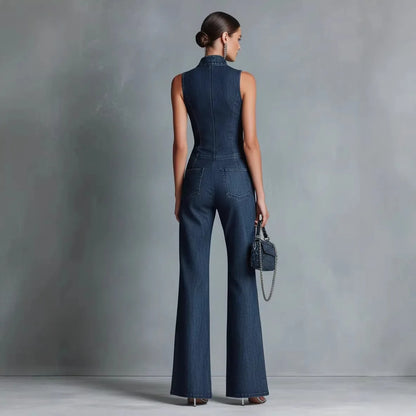 Streetwear Women's Denim Sleeveless Flare Jumpsuit, High Neck Front Zip Wide Leg Overalls Casual Cargo Denim Jumpsuit