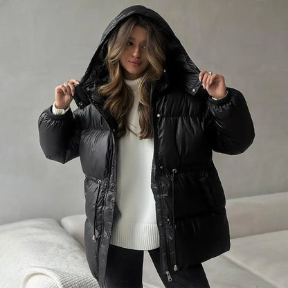 Women Solid Thicken Cotton Jackets Casual Stand Collar Zipper Long Sleeves Lace Up Detachable Hat Coat Winter Lady Warm Outwear