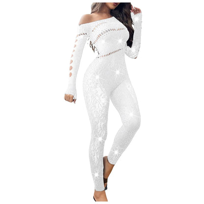 2025 Lace Embroidery Bra Set Women Sexy Mesh Rhinestone Jumpsuit Long Sleeve See Through Sexy Bustier Lingerie for Women - Kimlud