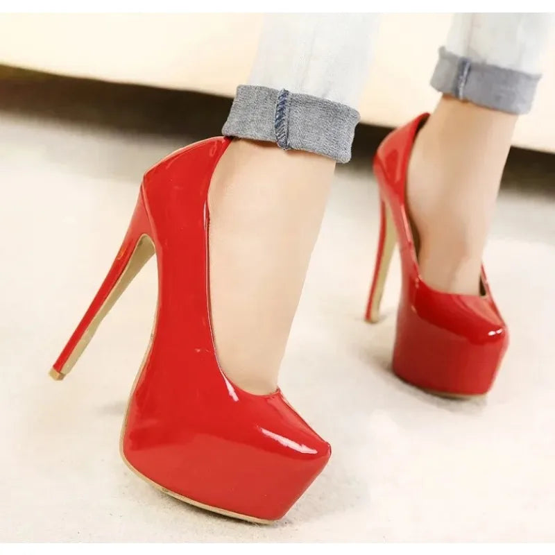 Women Pump Shoes Bridal Platform Sip-On Pointed Toe Patent Leather 15CM Thin Heels Korean Style Casual Autumn Women Shoes Black