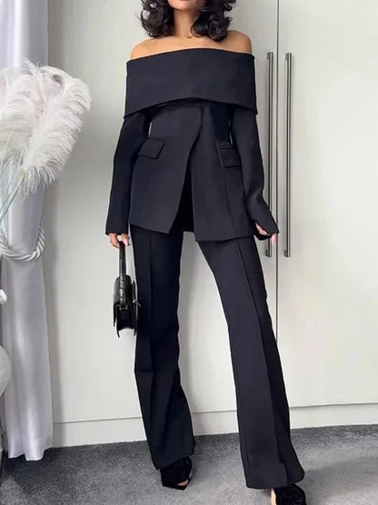 Yeezzi 2025 New Office Lady Commute Off-The-Shoulder Blazer Women Long Sleeves Solid Color Split-Front Zipper Formal...
