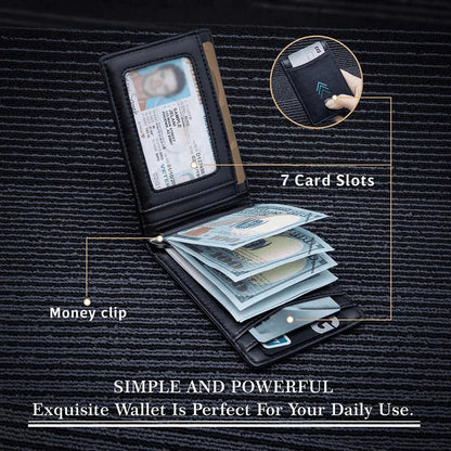 Slim Wallets for Men - Leather Money Clip Mens Wallet - RFID Blocking Front Pocket Bifold Wallet - Minimalist Credit Card Holder