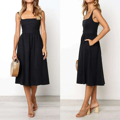 Sexy Square Neck Solid Color Midi Dress Spaghetti Straps Sleeveless Summer Loose Dress Elegant Party Dresses For Women платье