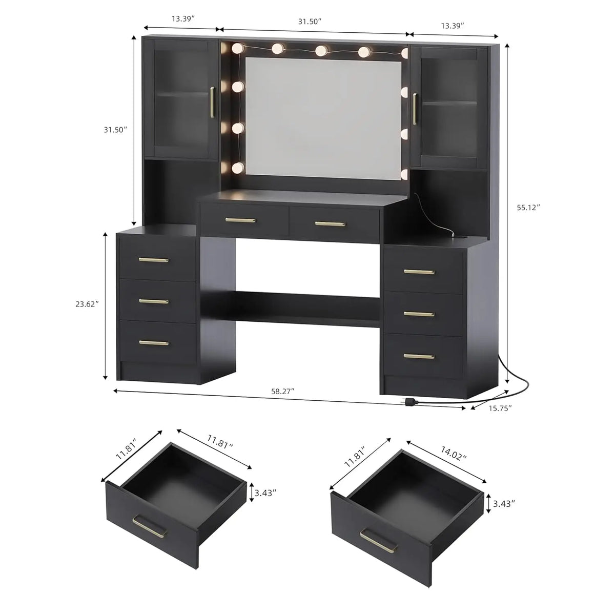 Makeup Vanity Desk with Mirror and Lights, 58.3" Makeup Vanity with Lights & Charging Station, Dressing Table, Customized