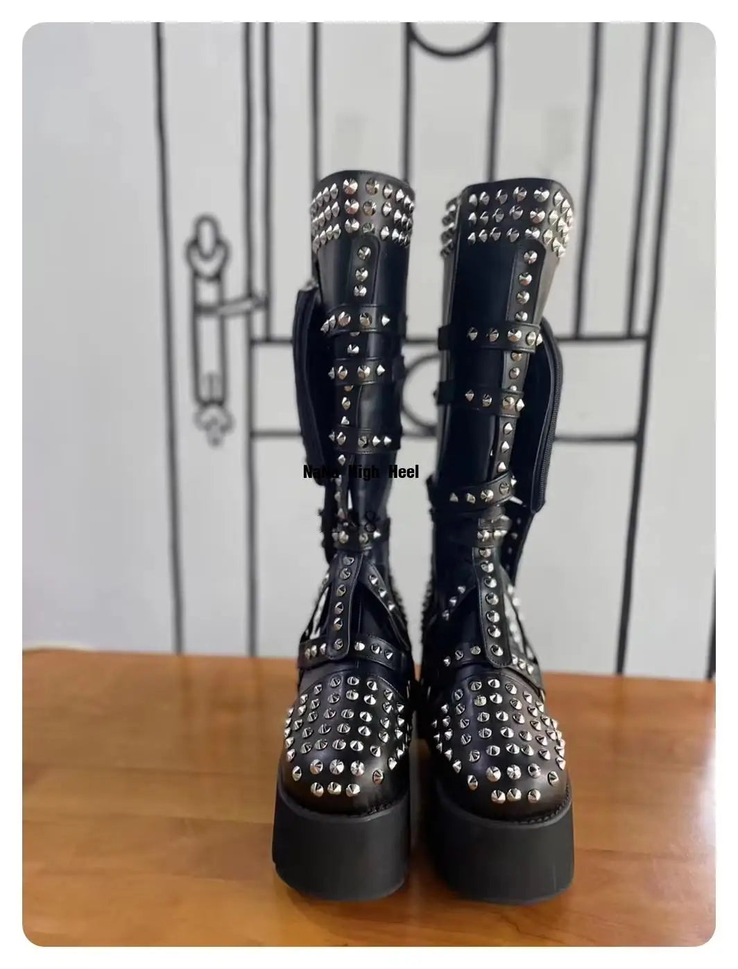 Black Pocket Round Toe Knee-High Platform Women Boots With Rivet Chunky High Heels Slip On Design Large Size Customized Shoes - Kimlud