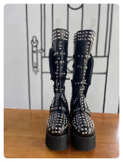 Black Pocket Round Toe Knee-High Platform Women Boots With Rivet Chunky High Heels Slip On Design Large Size Customized Shoes - Kimlud