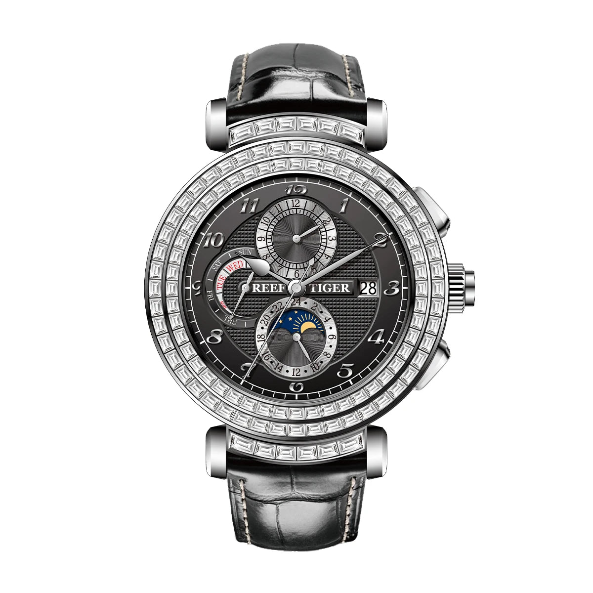 Reef Tiger Luxury Men's Automatic Mechanical Watch Green Dial Moon Phase Date Genuine Leather Strap Waterproof Dress...